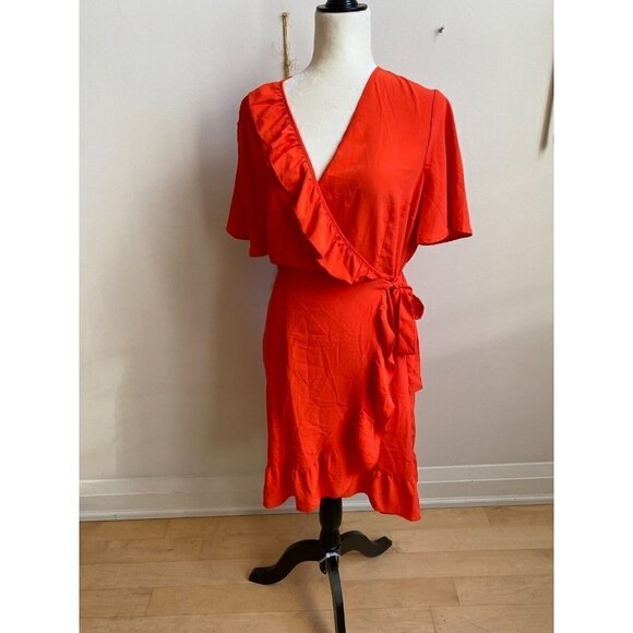 VERO Moda Red "Lee" Faux Wrap Dress Ruffle Trim - Picture 2 of 8